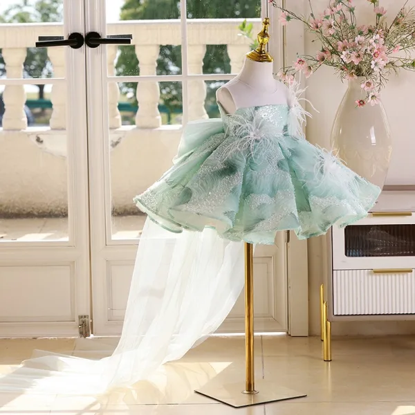 Chic / Beautiful Sage Green Beading Sequins Tassel Bow Birthday Flower Girl Dresses 2025 Ball Gown Scoop Neck Sleeveless Floor-Length / Long