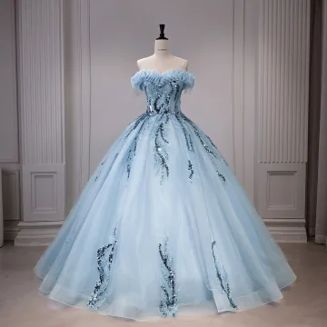 Gama Alta Azul Cielo Rebordear Perla Lentejuelas Tassel Vestidos De Gala 2026 Ball Gown Fuera Del Hombro Sin Mangas Sin Espalda Largos Vestidos Formales