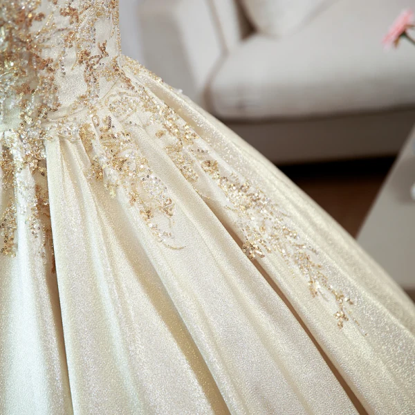 Elegant Champagne Prom Dresses 2022 Ball Gown Off-The-Shoulder Beading Sequins Sleeveless Backless Floor-Length / Long Prom Formal Dresses