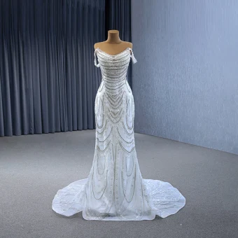 Luxury Gorgeous White Handmade Beading Pearl Rhinestone Sequins Wedding Dresses 2024 Trumpet Mermaid Strapless Sleeveless Backless Sweep Train Wedding