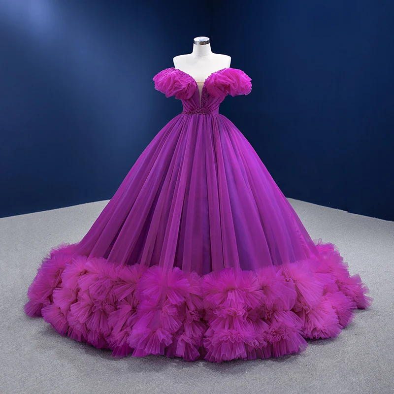 Chic Beautiful Purple Ruffle Formal Dresses 2022 Ball Gown Off-The-Shoulder Puffy Short