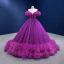 Chic / Beautiful Purple Ruffle Formal Dresses 2022 Ball Gown Off-The-Shoulder Puffy Short Sleeve Beading Backless Sweep Train Prom Dresses
