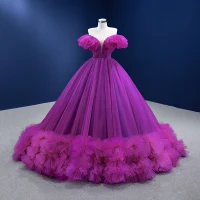 Schöne Violett Rüschen Festliche Kleider 2022 Ballkleid Off Shoulder Geschwollenes Kurze Ärmel Perlenstickerei Rückenfreies Sweep / Pinsel Zug Ballkleider