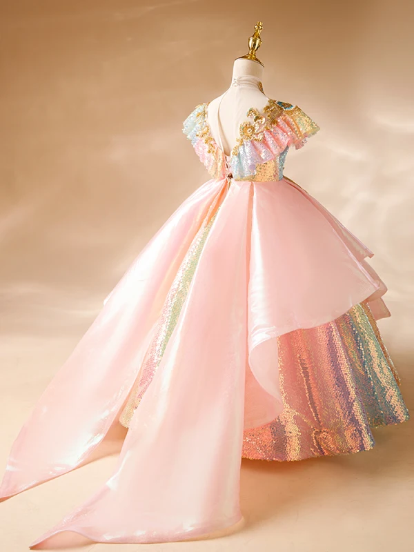 Schön Pink Perlenstickerei Pailletten Fallende Rüsche Geburtstag Blumenmädchenkleider 2024 Ballkleid Stehkragen Kurze Ärmel Rückenfreies Lange