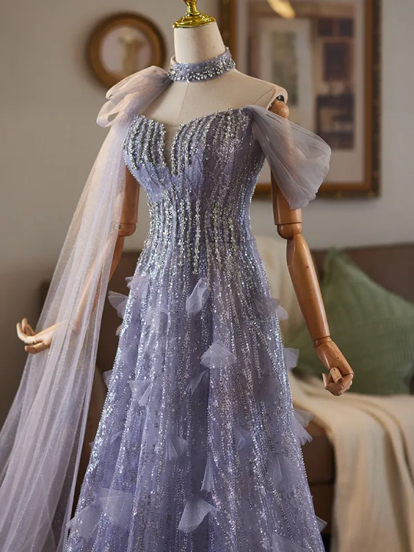 Bling Bling Lavender Beading Sequins Prom Dresses 2025 A-Line / Princess Off-The-Shoulder Sleeveless Backless Floor-Length / Long Formal Dresses
