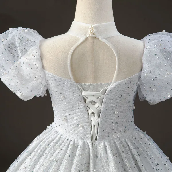 Chic / Beautiful Grey Pearl Rhinestone Prom Flower Girl Dresses 2022 Ball Gown High Neck Puffy Short Sleeve Backless Floor-Length / Long Flower Girl Dresses