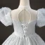 Chic / Beautiful Grey Pearl Rhinestone Prom Flower Girl Dresses 2022 Ball Gown High Neck Puffy Short Sleeve Backless Floor-Length / Long Flower Girl Dresses