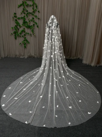 Élégant Blanche Perle En Dentelle Fleur Voile De Mariée 2024 3 5 M Tulle Chapel Train Mariage