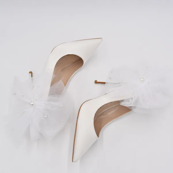 Chic / Beautiful White Pearl Appliques Wedding Shoes 2022 Leather 10 cm Stiletto Heels Pointed Toe Wedding Pumps High Heels