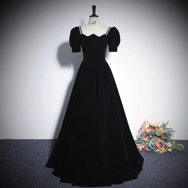 Vintage / Retro Navy Blue Rhinestone Velvet Prom Dresses 2023 A-Line / Princess Square Neckline Short Sleeve Backless Floor-Length / Long Prom Formal Dresses