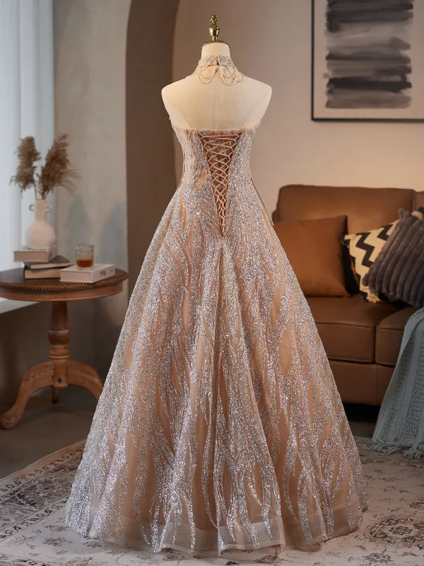 Luxury / Gorgeous Sparkly Champagne Beading Rhinestone Sequins Prom Dresses 2025 A-Line / Princess Strapless Sleeveless Backless Floor-Length / Long Formal Dresses
