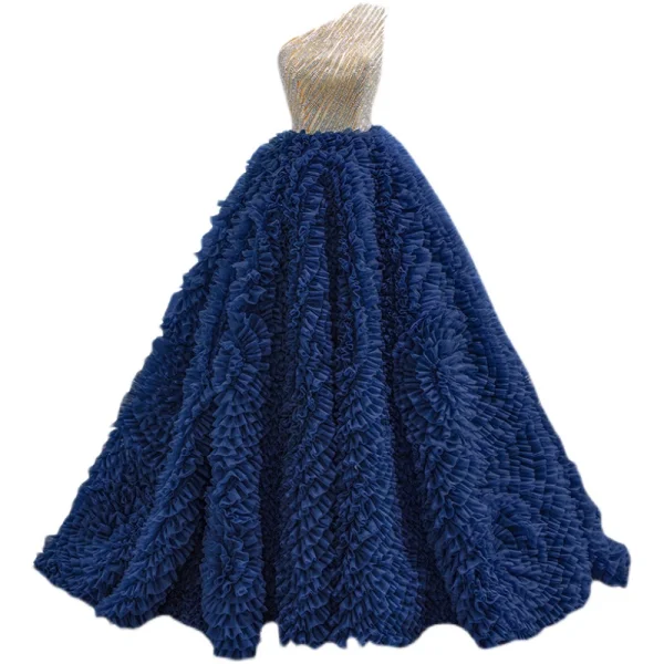 High-end Ocean Blue Rhinestone Ruffle Prom Dresses 2022 Ball Gown One-Shoulder Sleeveless Backless Floor-Length / Long Prom Formal Dresses