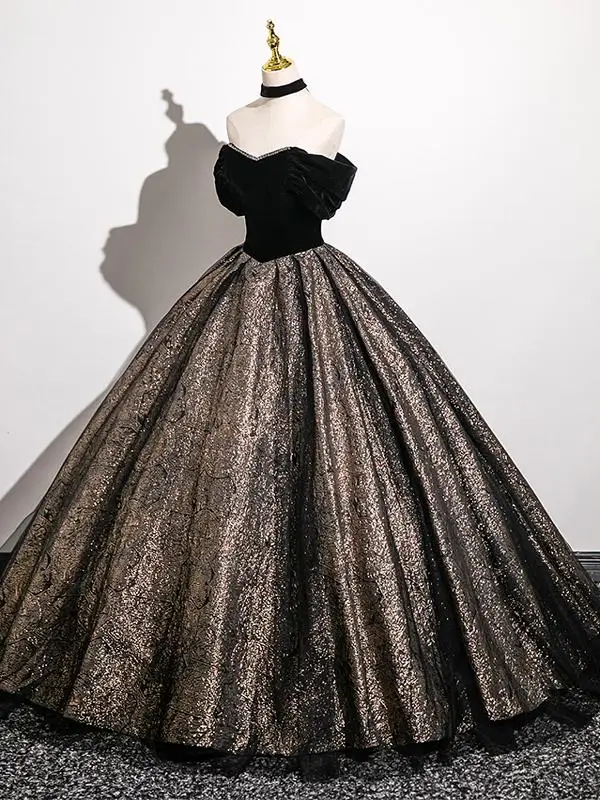 Classy Black Glitter Prom Dresses 2025 Ball Gown Off-The-Shoulder Sleeveless Backless Floor-Length / Long Prom Formal Dresses
