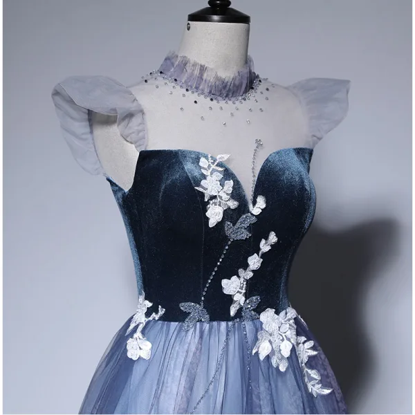 Elegante Himmelblau Wildleder Ballkleider 2022 A Linie Stehkragen Ärmellos Perlenstickerei Spitze Blumen Lange Festliche Kleider