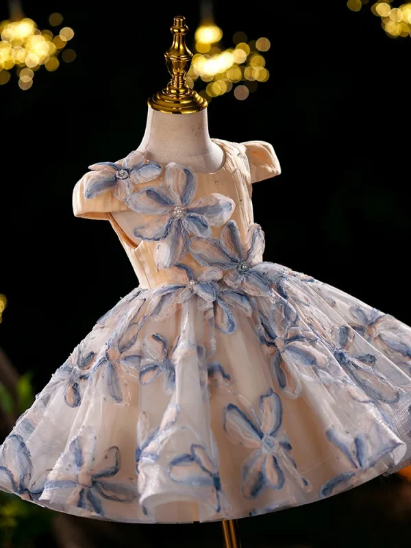 Fashion Champagne Pearl Flower Short Flower Girl Dresses 2024 Ball Gown Birthday Scoop Neck Cap Sleeves