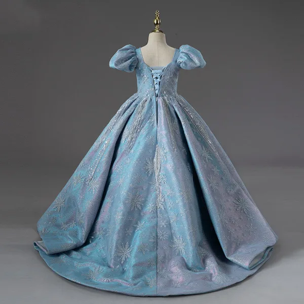 Chic / Beautiful Sky Blue Beading Sequins Flower Girl Dresses 2022 Ball Gown Square Neckline Puffy Short Sleeve Backless Prom Sweep Train Flower Girl Dresses