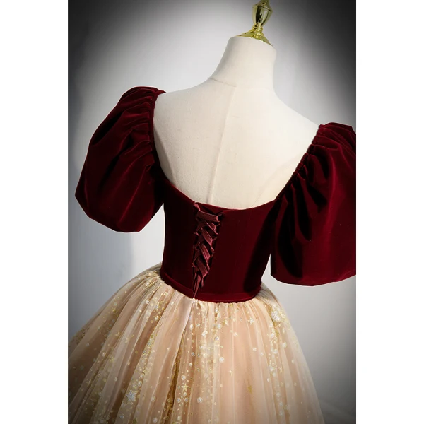 Classic Burgundy Star Sequins Formal Dresses 2022 Ball Gown Square Neckline Suede Short Sleeve Backless Bow Floor-Length / Long Prom Prom Dresses
