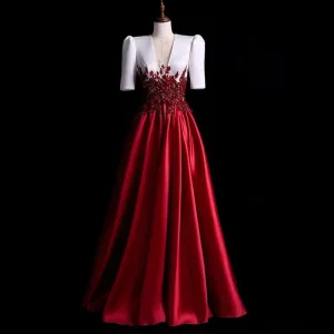 Elegant Burgundy Beading Sequins Satin Prom Dresses 2024 Ball Gown V Neck Short Sleeve Floor Length Long Prom Formal Dresses