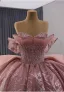 Luxus / Herrlich Rosa Handgefertigt Perlenstickerei Pailletten Perle Ballkleider 2025 Ballkleid Bandeau Ärmellos Rückenfreies Königliche Schleppe Festliche Kleider