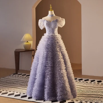 Haut De Gamme Lavande Perlage Perle Paillettes Volants Robe De Bal 2024 Princesse De L Épaule Manches Courtes Dos Nu Longue Promo Robe De Ceremonie