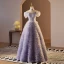 High-end Lavender Beading Pearl Sequins Ruffle Prom Dresses 2024 A-Line / Princess Off-The-Shoulder Short Sleeve Backless Floor-Length / Long Prom Formal Dresses
