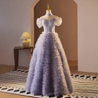High End Lavender Beading Pearl Sequins Ruffle Prom Dresses 2024 A Line Princess Off The Shoulder Short Sleeve Backless Floor Length Long Prom Formal Dresses