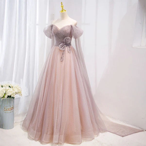 Mooie / Prachtige Oud Roze Rhinestone Pailletten Galajurken 2022 A lijn Uit De Schouder Korte Mouwen Ruglooze Strik Lange Gala Gelegenheid Jurken