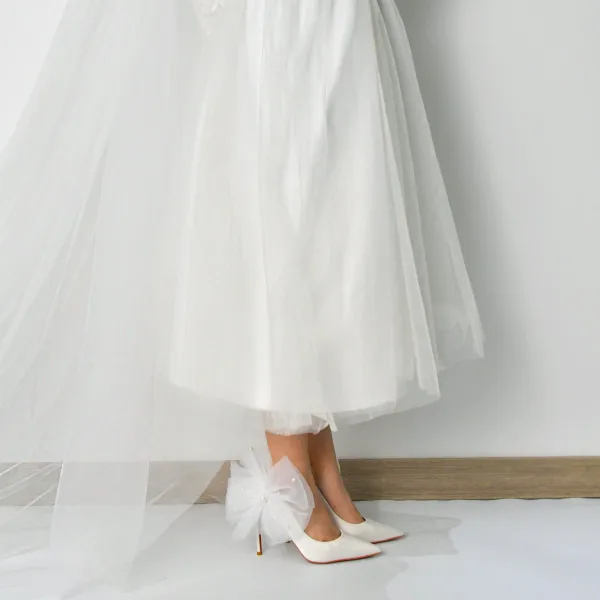 Chic / Beautiful White Pearl Appliques Wedding Shoes 2022 Leather 10 cm Stiletto Heels Pointed Toe Wedding Pumps High Heels