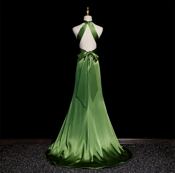 Modest / Simple Green Split Front Evening Dresses High Neck 2024 A-Line / Princess Sleeveless Backless Bow Floor-Length / Long Evening Party Formal Dresses