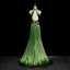 Modest / Simple Green Split Front Evening Dresses High Neck 2024 A-Line / Princess Sleeveless Backless Bow Floor-Length / Long Evening Party Formal Dresses