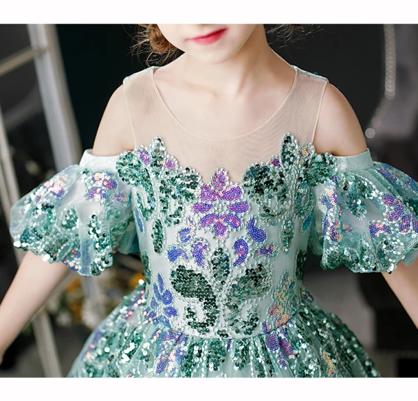 Vintage / Retro Green Sequins Birthday Flower Girl Dresses 2024 Ball Gown Scoop Neck Short Sleeve Floor-Length / Long