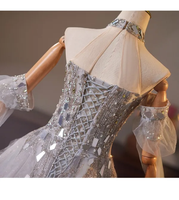 High-end Grey Rhinestone Sequins Prom Dresses 2025 Ball Gown High Neck Short Sleeve Long High-end Grey Rhinestone Sequins Prom Dresses 2025 Ball Gown High Neck Short Sleeve Long