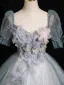 Bling Bling Sky Blue Sequins Appliques Prom Dresses 2024 Ball Gown Square Neckline Short Sleeve Backless Floor-Length / Long Prom Formal Dresses
