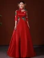 Chinese style Red Rhinestone Embroidered Prom Dresses 2022 Satin A-Line / Princess High Neck 1/2 Sleeves Backless Sweep Train Formal Dresses