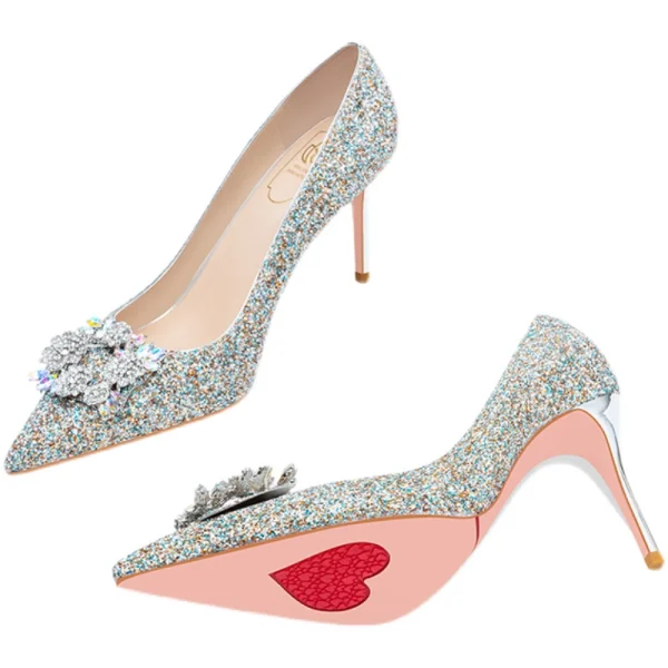 Scintillantes Paillettes Faux Diamant Argenté Chaussure De Mariée 2022 Cuir 8 cm Talons Aiguilles À Bout Pointu Mariage Escarpins Talons Hauts