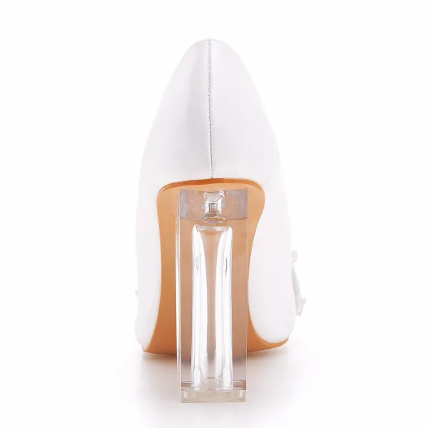 Chic / Beautiful White Pearl Rhinestone Wedding Shoes 2023 Satin 9 cm Crystal Thick Heels Pointed Toe Wedding Pumps High Heels