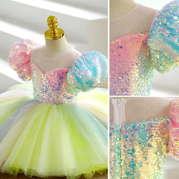 Colored Multi-Colors Sequins Short Party Dresses Flower Girl Dresses 2022 Ball Gown Scoop Neck Puffy Short Sleeve Flower Girl Dresses
