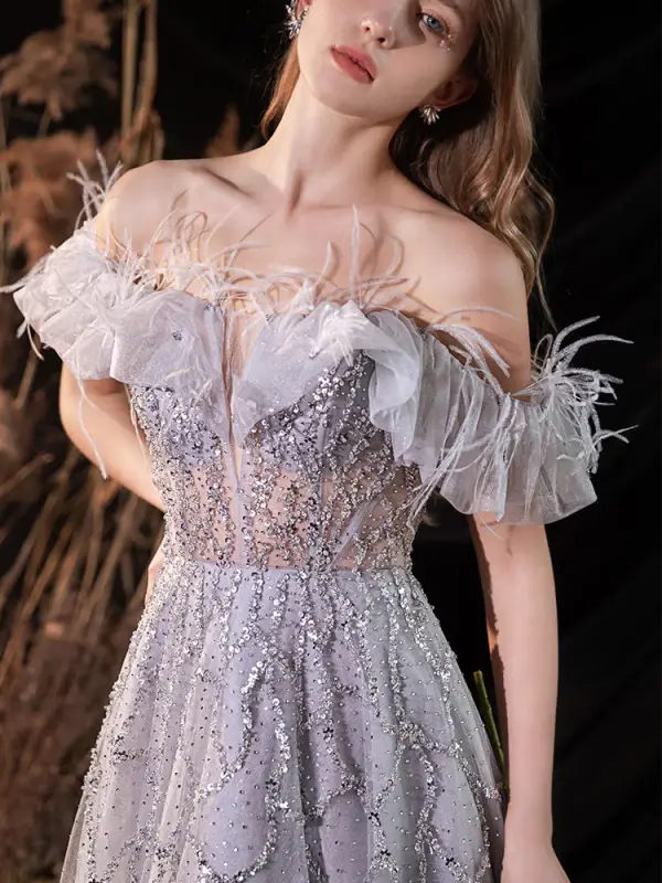 Luxe Gris Robe De Soirée 2022 Princesse De l'épaule Gland Perlage Paillettes Manches Courtes Dos Nu Longue Soirée Robe De Ceremonie