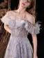 Luxe Gris Robe De Soirée 2022 Princesse De l'épaule Gland Perlage Paillettes Manches Courtes Dos Nu Longue Soirée Robe De Ceremonie