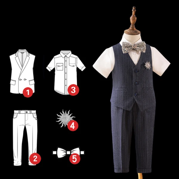 Navy Blue Striped 5-piece Boys Wedding Suits 2022 Short Sleeve Body Jewellery Pants Shirt Tie Vest