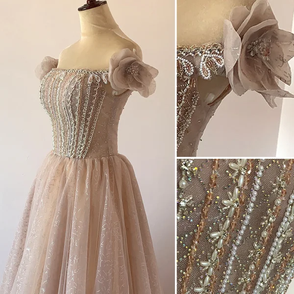 Charming Blushing Pink Beading Pearl Evening Dresses 2023 A-Line / Princess Strapless Appliques Sleeveless Backless Floor-Length / Long Evening Party Formal Dresses