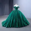 Luxury / Gorgeous Dark Green Handmade  Beading Sequins Appliques Prom Dresses 2023 Ball Gown Off-The-Shoulder Sleeveless Backless Court Train Prom Formal Dresses
