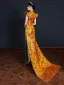Chinese style Gold Embroidered Satin Split Front Evening Party Cheongsam 2024 Trumpet / Mermaid High Neck Cap Sleeves Sweep Train