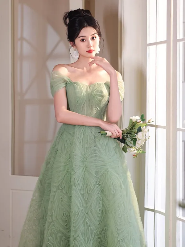 Chic / Beautiful Sage Green Prom Dresses 2024 A-Line / Princess Off-The-Shoulder Short Sleeve Backless Floor-Length / Long Prom Formal Dresses
