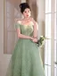 Chic / Beautiful Sage Green Prom Dresses 2024 A-Line / Princess Off-The-Shoulder Short Sleeve Backless Floor-Length / Long Prom Formal Dresses