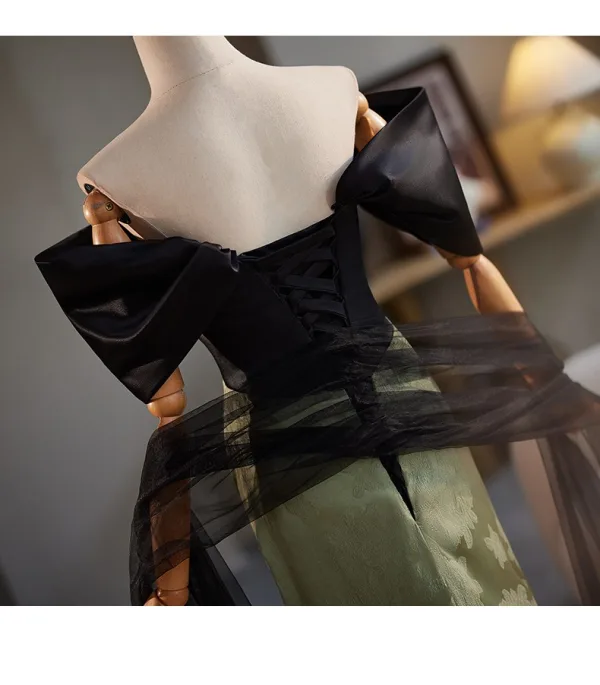 Fashion Army Green Prom Dresses 2024 Ball Gown Off-The-Shoulder Short Sleeve Backless Floor-Length / Long Prom Formal Dresses
