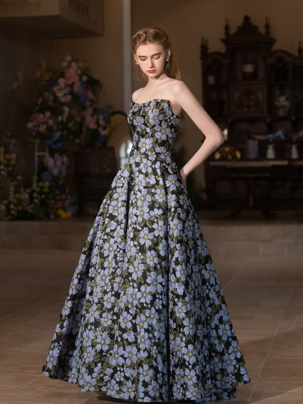 Vintage / Retro Multi-Colors Floral Prom Dresses 2025 A-Line / Princess Strapless Sleeveless Backless Floor-Length / Long Satin Formal Dresses