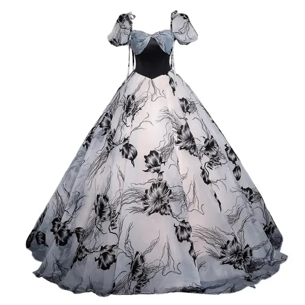 Elegant Black Printing Prom Dresses 2023 Ball Gown Square Neckline Puffy Short Sleeve Backless Bow Floor-Length / Long Prom Formal Dresses
