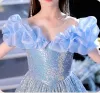 Sparkly Sky Blue Sequins Birthday Flower Girl Dresses 2024 A-Line / Princess Scoop Neck Ruffle Short Sleeve Floor-Length / Long