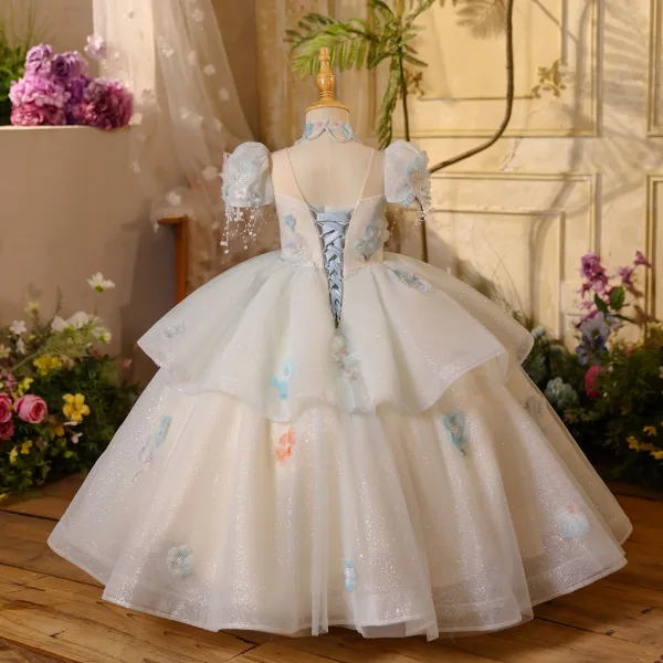 Blumenfee Himmelblau Perlenstickerei Perle Applikationen Pailletten Fallende Rüsche Geburtstag Blumenmädchenkleider 2025 Ballkleid Eckiger Ausschnitt Geschwollenes Kurze Ärmel Rückenfreies Lange